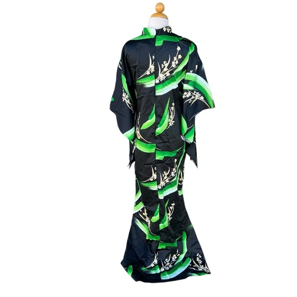 VTG Andrade Honolulu Polynesian Kimono Style Caftan Black Green Floral Size 12 - Picture 3 of 13
